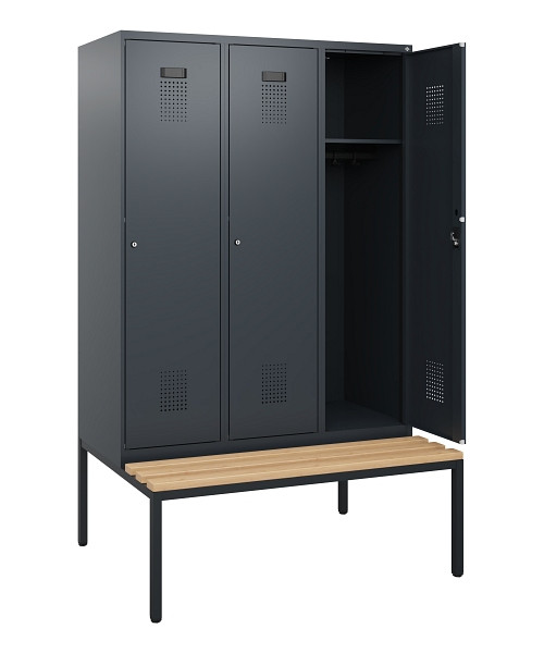C+P Spind Evolo PLUS, 3 Abteile, 1950x1200x815mm, 7016/7016, Zylinderschloss, Sitzfläche Buche-Hartholz, Sitzbank, 0490505-32 S10043