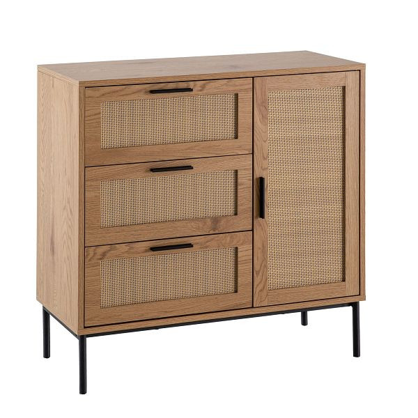 Wohnling Kommode 80x82x36cm Flurkommode Eiche-Dekor & Rattan, Sideboard mit drei Schubladen und Tür, Kommodenschrank Modern, WL6.877