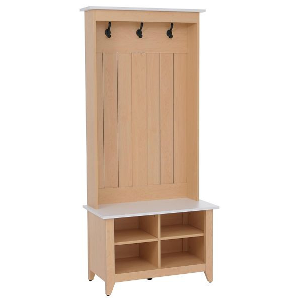 Mendler Garderobe HWC-P28, Standgarderobe Schuhregal Sitzbank, 3 Haken 4 Staufächer Melamin 170x76x39cm, natur, weiß, 118682