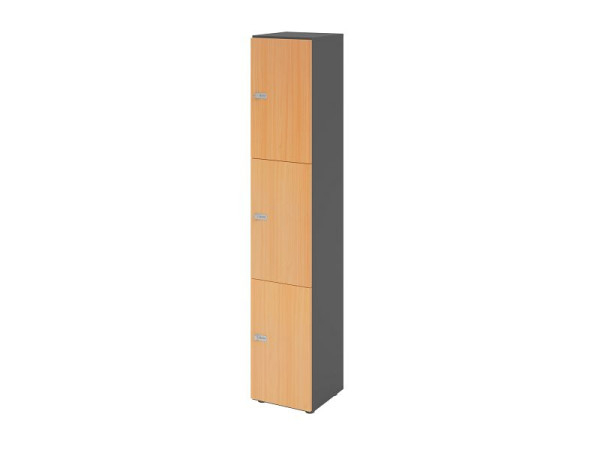 Hammerbacher Schließfachschrank schmal 6OH, 3 Türen, Korpus: Graphit, Türen: Buche, 40 x 40 x 215,6 cm (BxTxH), Zahlenschloss, V264L3/G/6/ZS
