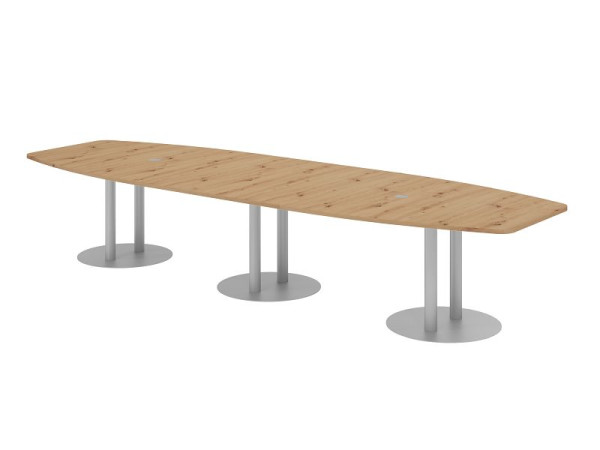 Hammerbacher Konferenztisch KT40S, 400 x 130 cm, Platte: Asteiche, 25mm dick, mit drei silbernen Säulenfüßen, 7,6/70 cm, Arbeitshöhe 74 cm, VKT40S/R/S