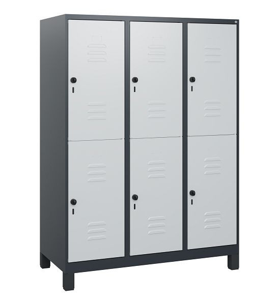 C+P Doppelstöckiger Spind Classic PLUS, Füße, 3 Abteile, 1630x1200x500mm, 7016/7035, Drehriegel, 0803105-32 S10013