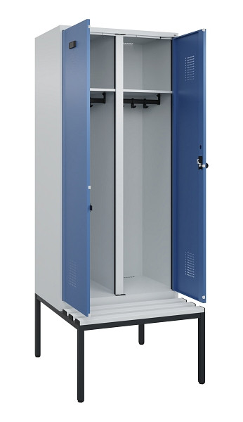 C+P Schwarz-Weiß-Spind Evolo PLUS, Bank, 2 Abteile, 2120x800x815mm, 7035/5023, Drehriegel, Sitzfläche Kunststoff, Sitzbank, 0490527-22 S10062