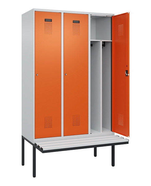 C+P Spind Evolo PLUS, 3 Abteile, 2120x1200x815mm, 7035/2004, Haken 4, Zylinderschloss, Sitzfläche Kunststoff, Trennwand, 0490407-32F S10083
