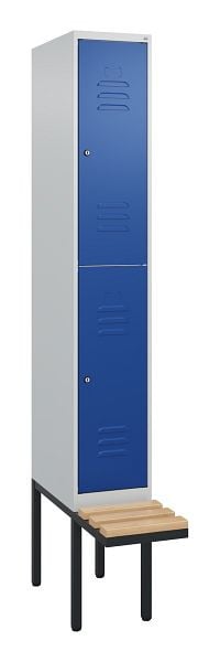 C+P Doppelstöckiger Spind Classic PLUS, 2120x300x815mm, 7035/5010, Zylinderschlösser, Sitzleisten aus Buche, schwebende Sitzfläche, 0803407-10 S10093