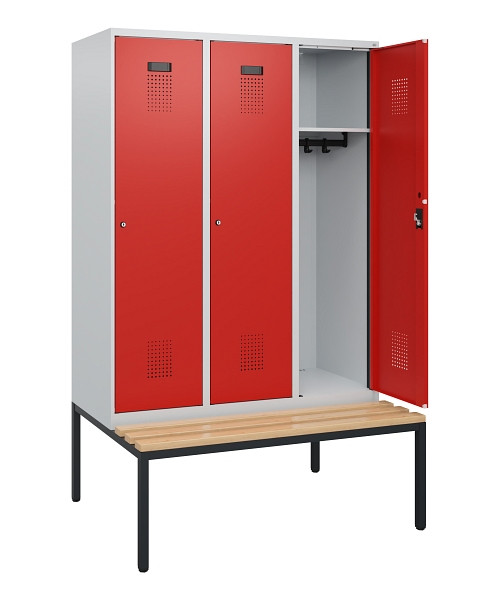 C+P Spind Evolo PLUS, 3 Abteile, 1950x1200x815mm, 7035/3020, Zylinderschloss, Sitzfläche Buche-Hartholz, Sitzbank, 0490505-32 S10028