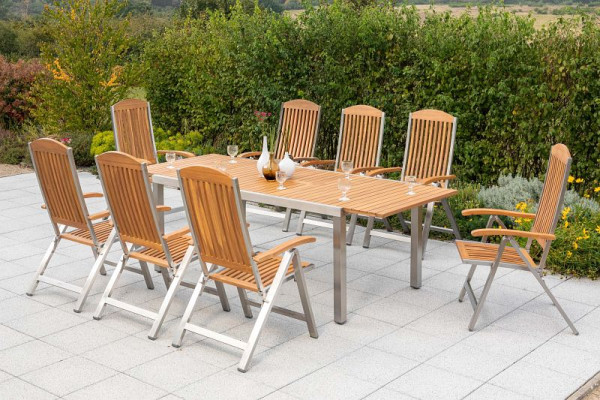 Merxx Keros Set 9-teilig, 8 Klappsessel, Rückenlehne 5-fach verstellbar, 1 Ausziehtisch, 180 (240) x 100 cm, Edelstahl mit FSC Akazienholz, 50246-011