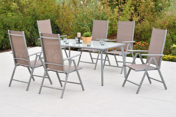 Merxx Amalfi Set 7-teilig, 6 Amalfi Klappsessel, Rückenlehne verstellbar, 1 Tisch 150 x 90 cm, matte Glasplatte, Silber/taupe, 50879-325