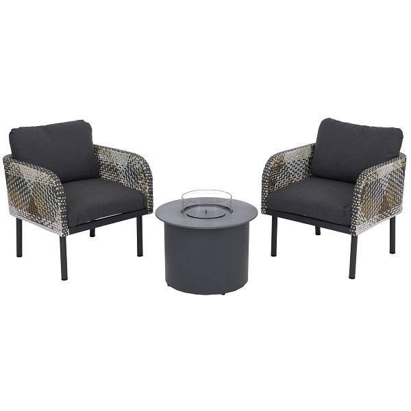 Mendler Poly-Rattan Garnitur HWC-P80, Lounge-Set Garten Stuhl, Tischkamin Bioethanol-Fire-Pit Alu Stoff 220g/m², dunkelgrau, 134380+134381+120341