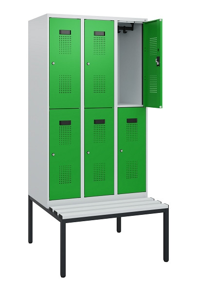 C+P Doppelstöckiger Spind Evolo PLUS, Bank, 6 Fächer, 1950x900x815mm, 7035/6037, Zylinderschloss, Sitzfläche Kunststoff, Sitzbank, 0493505-30 S10146