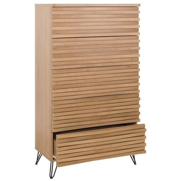 Mendler Kommode HWC-M49, Highboard Schrank, 3D-Design 5 Schubladen MDF Metall 145x80x44cm, natur, 105452+105453+105698