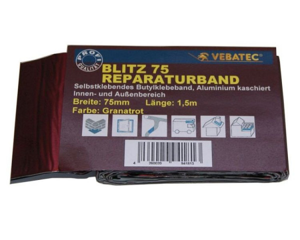 Vebatec Blitz Butyl Reparaturband Aluminium, Farbe: granatrot, 75mm x 1,5m, 148
