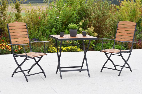 Merxx Santorin Balkonset 3-teilig, 2 Klappsessel, 1 Klapptisch 70 x 70 cm, Tischplatte aus Akazienholz, Aluminium mit FSC Akazienholz, 51006-209