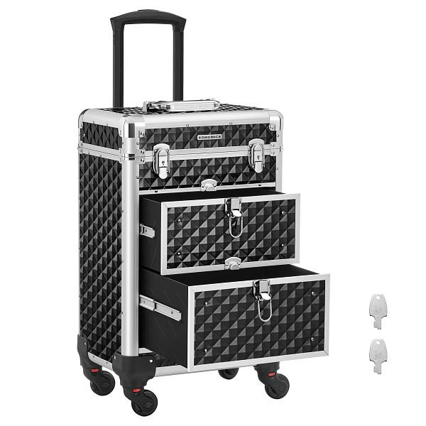 SONGMICS Abschließbares Make-up-Case, rollende Kosmetik-Beauty-Trolley-Box, ABS, Aluminium, 34 x 27 x 57 cm, Schwarz, JHZ08BK