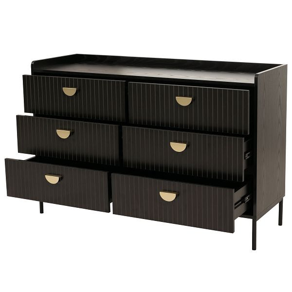 Mendler Kommode HWC-O39, Highboard Schrank, 6 Schubladen Melamin MDF 80x120x44cm, Holzoptik schwarz, 112635+112636