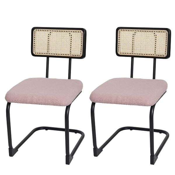 Mendler 2er-Set Freischwinger-Stuhl HWC-K88, Stuhl Lehnstuhl, Holz Rattan Metall Bouclé, Stoff/Textil rosa, 97716