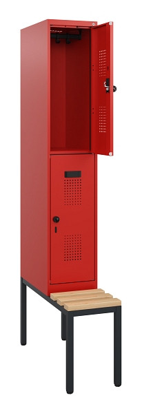 C+P Doppelstöckiger Spind Evolo PLUS, Bank, 2 Fächer, 1950x300x815mm, 3020/3020, Drehriegel, Sitzfläche Buche-Hartholz, Sitzbank, 0493505-10 S10034