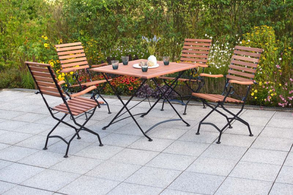 Merxx Schlossgarten Set 5-teilig, 4 Schlossgarten Klappsessel mit hoher Lehne, 1 Klapptisch, 90 x 90 cm, Flachstahl mit FSC Eukalyptus, 50561-217
