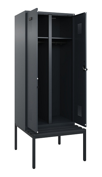 C+P Schwarz-Weiß-Spind Evolo PLUS, Bank, 2 Abteile, 2120x800x815mm, 7016/7016, Drehriegel, Sitzfläche Kunststoff, Sitzbank, 0490527-22 S10070