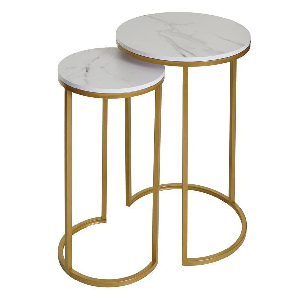 Mendler 2er-Set Beistelltisch HWC-K46, Kaffeetisch Nachttisch Loungetisch, Marmor-Optik MDF, weiß-gold, 94401