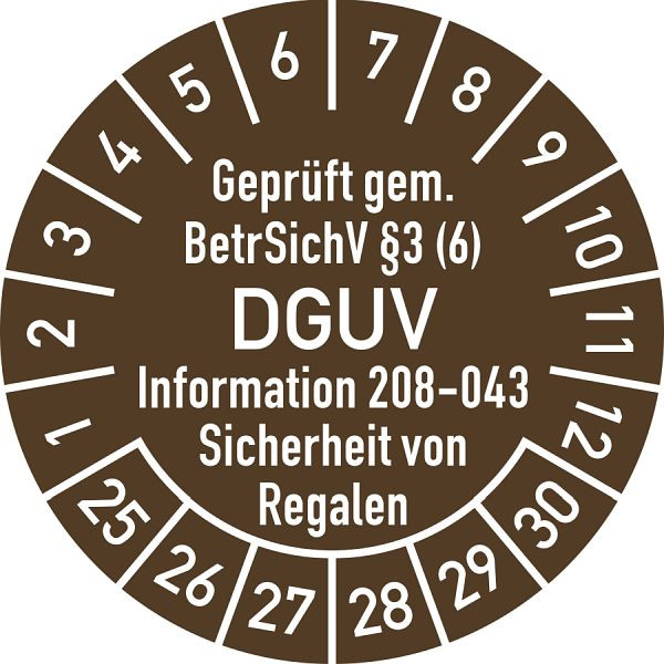 Moedel Prüfplakette BetrSichV §3 (6) DGUV 208-043, 2025-2030, Folie, Ø 30mm, VE: 10 Stück/Bogen, 108027