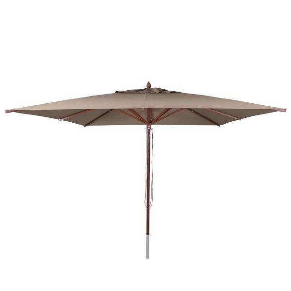 Mendler Gastronomie Holz-Sonnenschirm HWC-C57b, Gartenschirm, Polyester/Holz 29kg, eckig 4x4m Seilzug stoßsicher, taupe, 120509