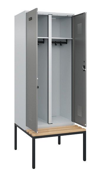 C+P Schwarz-Weiß-Spind Evolo PLUS, Bank, 2 Abteile, 2120x800x815mm, 7035/0004, Zylinderschloss, Sitzfläche Buche-Hartholz, Sitzbank, 0490527-22 S10041