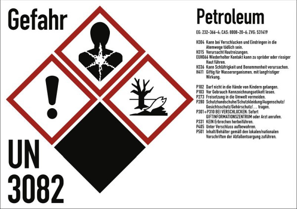 Moedel Gefahrstoffkennzeichnung Petroleum nach GHS, Folie, 105x74 mm, Idx 2019, 102826