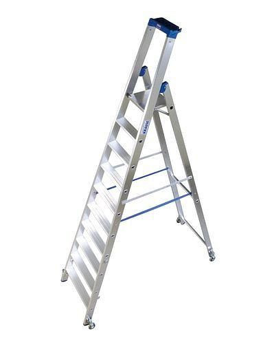 DENIOS Stufenstehleiter aus Aluminium, mit Fahrrollen und 2 Sicherheitsgurten, 10 Stufen, 156-884