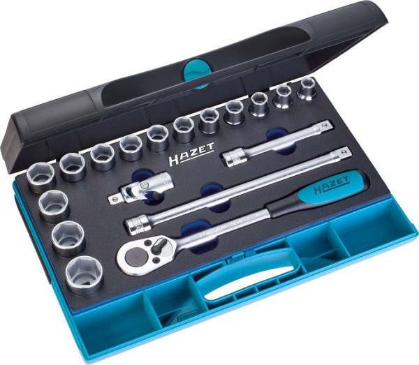 Hazet Steckschlüssel Satz, Vierkant hohl 12,5 mm (1/2 Zoll), Außen-Sechskant-Tractionsprofil, Kunststoff-Kasten 165-L (1/3), 932/18