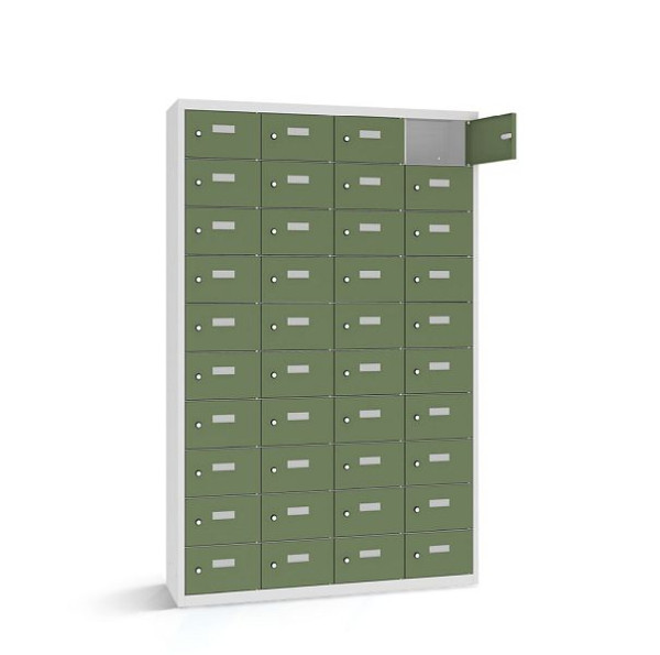 Rotstahl Wertfachschrank, 40 Fächer, Tür einwandig, kurzer Sockel, Korpus: lichtgrau, Türen: resedagrün, 2161-041003-1151112-7035-6011