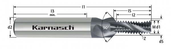 Karnasch VHM-Gewindefräser ohne IK ISO-DIN 13 M 4 x 0,7 2,0xD DCC 0318, 90° Senkstufe, 2320060407020