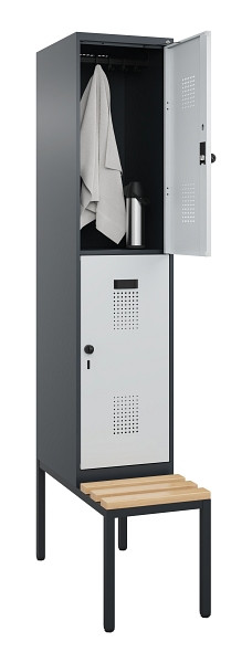 C+P Doppelstock-Spind Evolo PLUS, Bank, 2 Fächer, 2120x400x815mm, 7016/7035, Drehriegel, Sitzfläche Buche-Hartholz, Sitzbank, 0493507-12 S10017