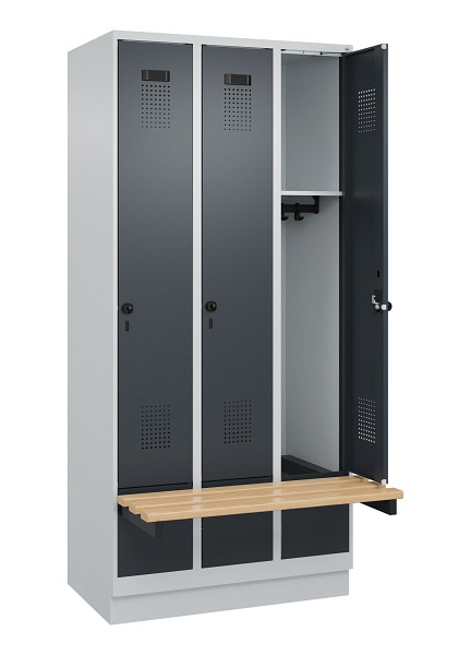 C+P Spind Evolo PLUS, 3 Abteile, 1950x900x815mm, 7035/7016, Drehriegel, Sitzfläche Holz, Sitzbank auskragend Sockel, 049040-30 S10012