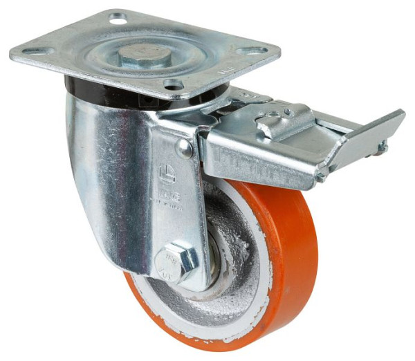 BS Rollen Schwerlastrolle mit Feststeller, Breite 30 mm, Ø100 mm, bis 300 kg, Guss-Polyurethan 95 Shore A, Radkörper Guss, Kugellager, N120.C10.101
