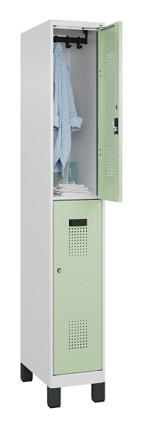 C+P Doppelstöckiger Spind Evolo PLUS, mit Füßen, 2 Fächer, 1950x300x500mm, 9016, Frontfarbe RAL 6019 Weissgrün, Zylinderschloss, 049310-10 S10046