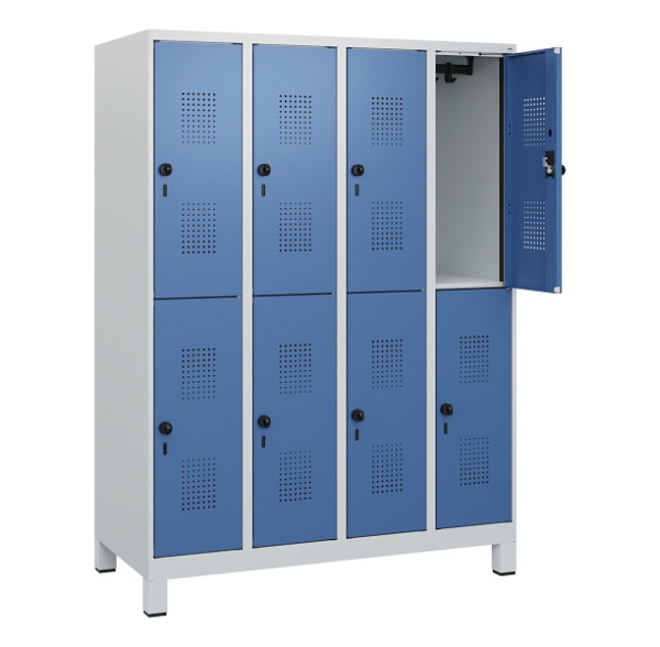 C+P Doppelstöckiger Spind Evolo PLUS, Füße, 8 Fächer, 1630x1200x500mm, 7035/5023, Drehriegel, 0493105-40 S10008