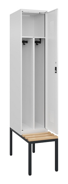C+P Spind Evolo PLUS, 1 Abteile, 2120x400x815mm, 9016/9016, Haken 4, Zylinderschloss, Sitzfläche Buche-Hartholz, Sitzbank, Trennwand, 0490507-12F S10047