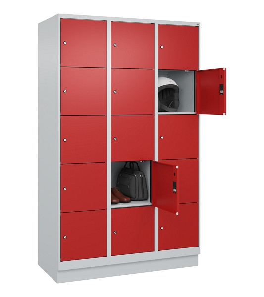 C+P Schließfachschrank Evolo PLUS, mit Sockel, 15 Fächer, 1950x1200x500mm, 7035/3000 feuerrot, 049020-325 S10003