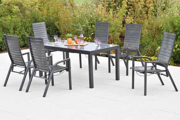 Merxx Siros Set 7-teilig, 6 Siros Sessel, verstellbar durch Gasdruckfeder, 1 Ausziehtisch, 150 (210) x 90 cm, graue Glasplatte, Aluminium, 50966-217