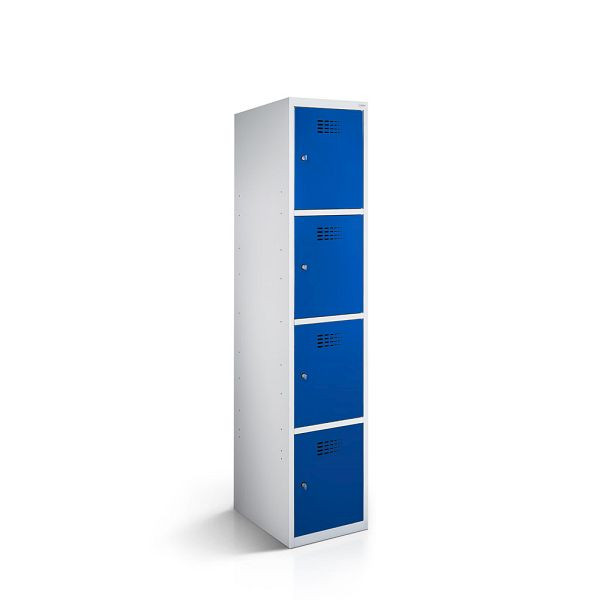 Rotstahl Fächerschrank, 1 Reihe, 4 Fächer/Reihe, Abteilbreite 40 cm, BASIC, kurzer Sockel, Enzianblau, 2111-010400-0401112-7035-5010BasicZYL