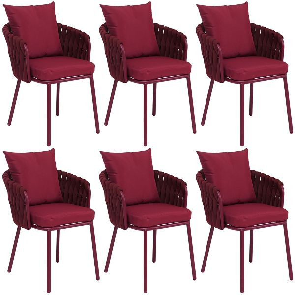 Mendler 6er-Set Aluminium-Esszimmerstuhl HWC-P89, Indoor Stuhl Armlehne, Stoff/Textil (180 g/m²) Seilgeflecht Rope, bordeaux, 3x120192