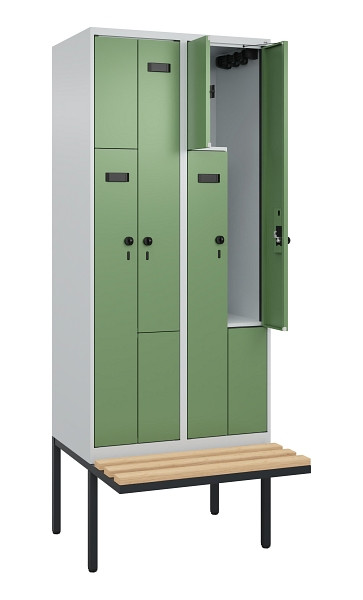 C+P Z-Spind Evolo PLUS, Bank, 4 Fächer, 2120x800x815mm, 7035/6011, Drehriegel, Sitzfläche Holz, 0490437-224 S10002