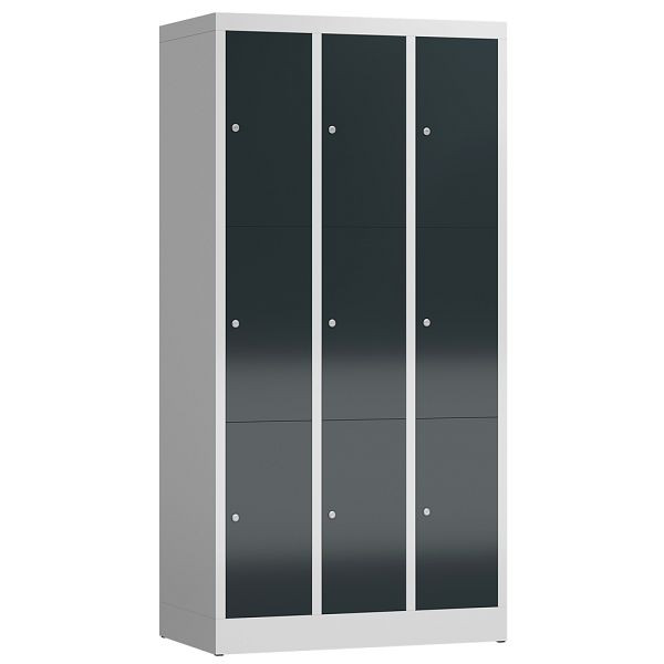 Lüllmann ClassiX Schließfachschrank, 3 Abteile à 3 Fächer, 1800 x 870 x 500 mm, lichtgrau/anthrazitgrau, X-520338