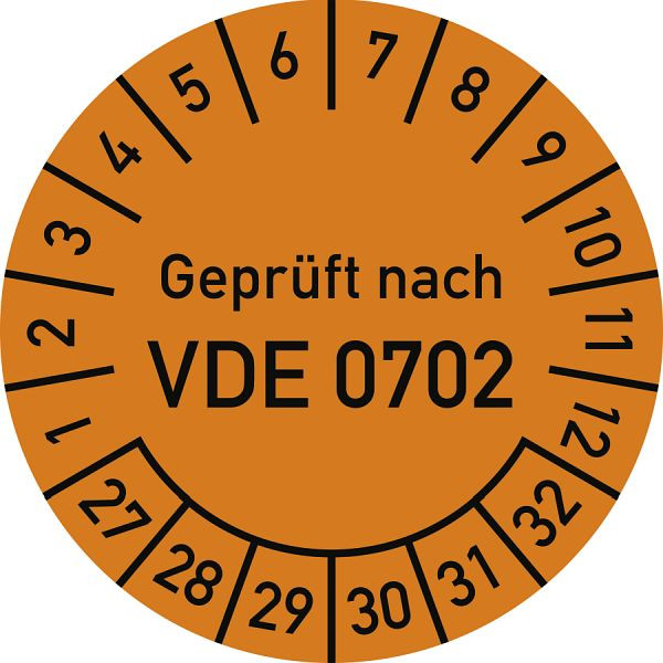 Moedel Prüfplakette Geprüft nach VDE 0702, 2027-2032, Folie, Ø 30mm, VE: 10 Stück/Bogen, 108545