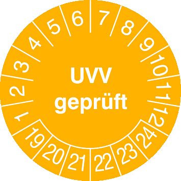 SafetyMarking Prüfplakette - mit Jahresfarbe, UVV geprüft, Prüfzeitraum: 19-24, Ø 3 cm, Folie, selbstklebend, VE: 15 Stück/Bogen, 30.0795-19-24