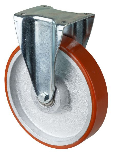 BS Rollen Schwerlastrolle, Bockrolle, Rad-Breite 50 mm, Rad-Ø 250 mm, Tragfähigkeit 600 kg, Guss-Polyurethan 95 Shore A, Guss, Kugellager, N110.C10.251