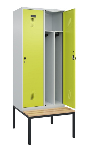 C+P Spind Evolo PLUS, 2 Abteile, 2120x800x815mm, 7035/0024, Haken 4, Drehriegel, Sitzfläche Buche-Hartholz, Sitzbank, Trennwand, 0490507-22F S10015