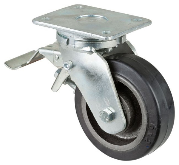 BS Rollen Schwerlastrolle mit Rad-/Feststeller, Breite 50 mm, Ø150 mm, bis 350 kg, Elastik-Reifen schwarz, Radkörper Guss, Kugellager, RR120.B81.150