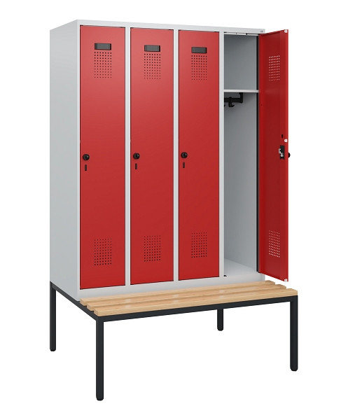 C+P Spind Evolo PLUS, 4 Abteile, 1950x1200x815mm, 7035/3000, Drehriegel, Sitzfläche Buche-Hartholz, Sitzbank, 0490505-40 S10003